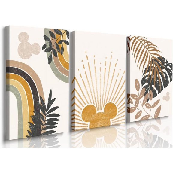 Boho Wall Decor,Boho Room Decor,Cute Mouse Sun Moon Palm Leaf Mountain Rainbow Beige Artwork Prints,Neutral Geometric Mid Century Modern Posters for Living Room,Bedroom,Bathroom Office 12"x16"