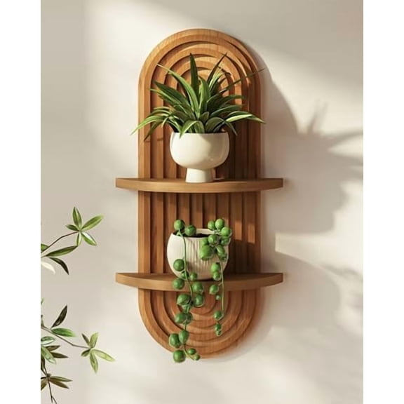 Boho Wall Decor Brown Plant Wall Shelf, Mid Century Modern Decor Hanging Plant Shelf, 2-Tier Wooden Floating Shelves for Home, Bathroom Bedroom Living Room, Office Holding Planter Decoration