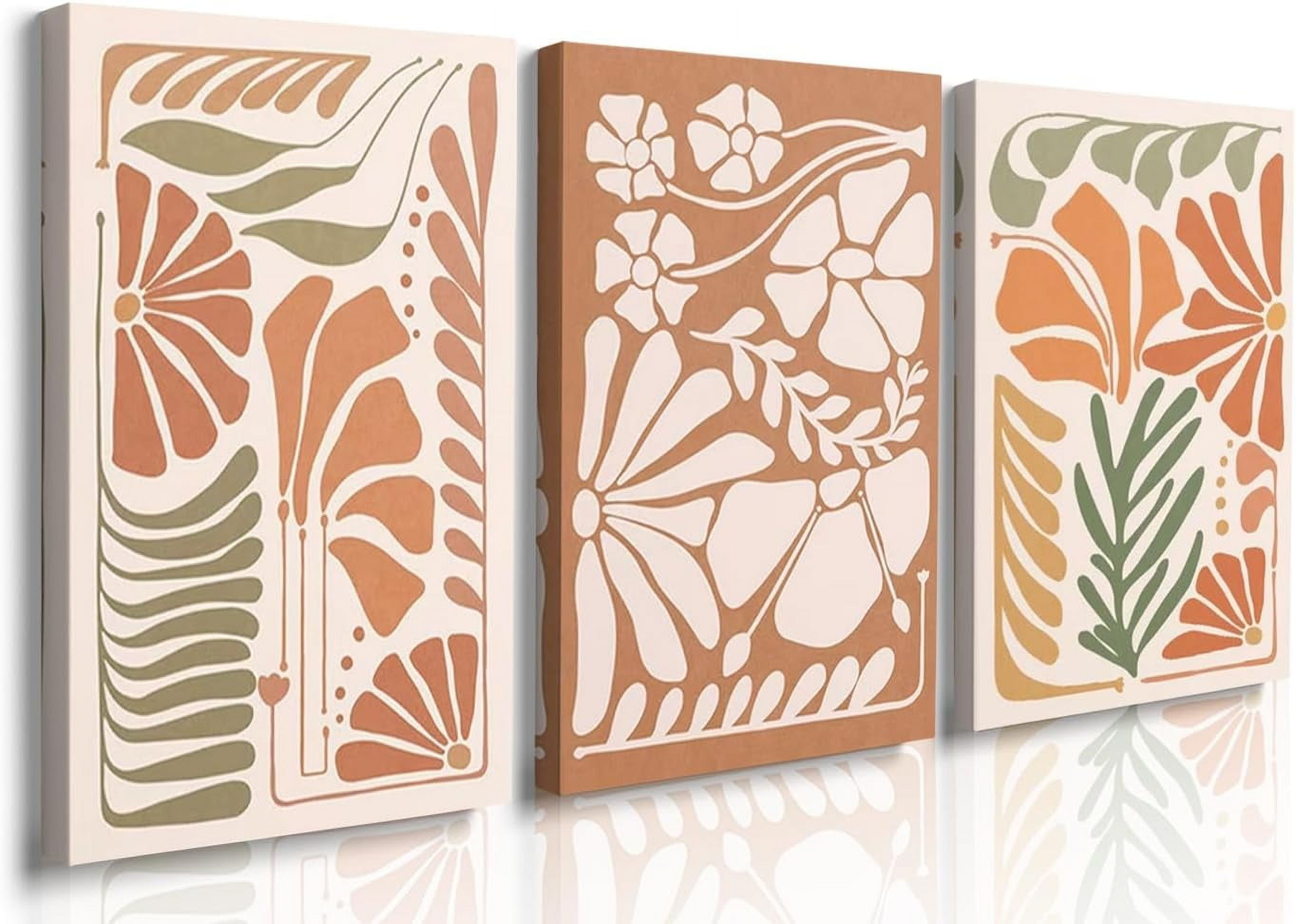 Boho Wall Decor Framed Canvas Wall Art Set of 3 Green White Burn Orange ...
