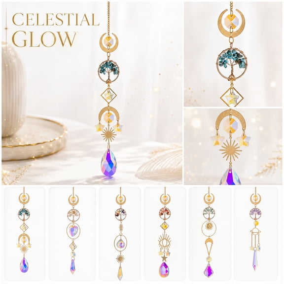 Boho Wall Decor, Gold Wall Decor, Spiritual Decor, Sun Catcher, 16X2 Inch Light Gold Hanging Ornament, Purple Amethyst Life Tree Design with Rainbow Refracting Crystal Points,