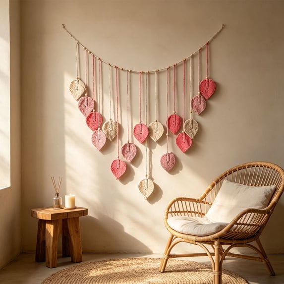 Boho Wall Decor, Hand Woven Leaf Tapestry Wall Hanging with Natural Wooden Beads and Soft Tassel, Photo Display Garland for Bedroom and Living Room, Tapestry for Bedroom, Home Ornament