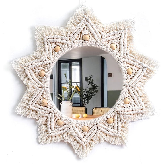 Boho Wall Decor Mirror Macrame Circle Hanging Mirror for Bedroom Living Room Apartment Entryway Home Decor
