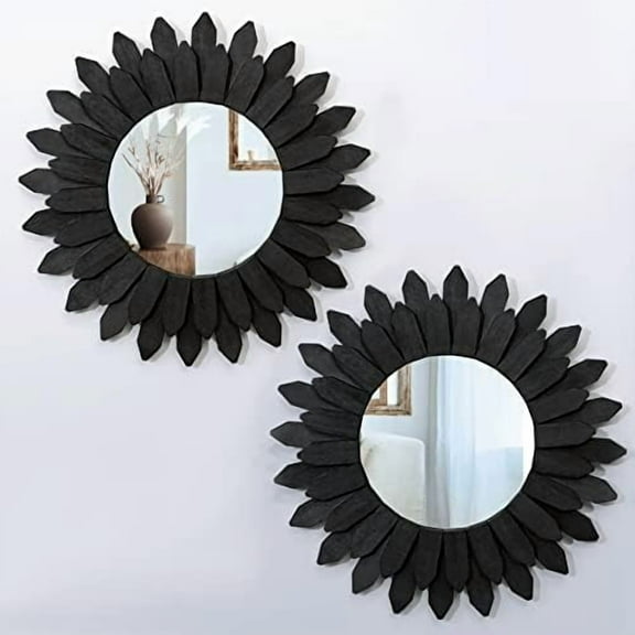 Boho Wall Decor Mirrors for Wall 2 Pack 12 inch Wood Decorative Mirror for Room Decor Rustic Farmhouse Mirror for Bedroom Bathroom Living Room Kitchen Black