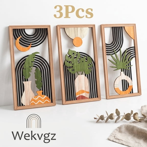 Boho Wall Art Set of 3, Abstract Solid Wood Mid-Century Modern Wall Decor, 16x8in Geometric Minimalist Artwork for Bedroom Living Room