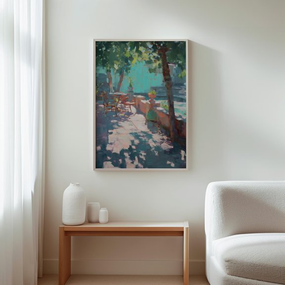 Boho Wall Decor Spring Home Decor Trendy Wall Art 'Sunny Terrace' Scene With Tables And Trees Perfect For Living Room And Bedroom