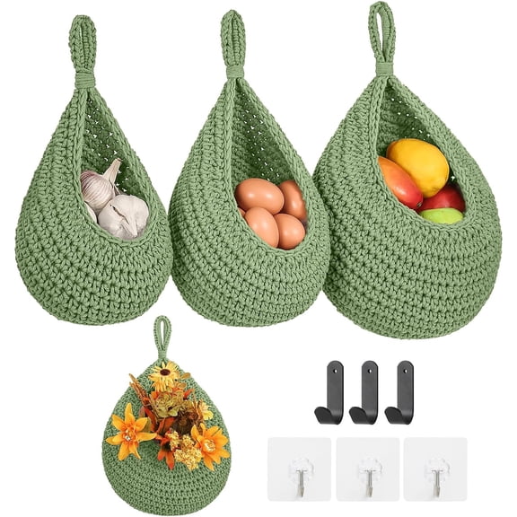 Boho Wall Hanging Fruit Baskets for Kitchen 3 Pack Woven Produce Holder with 6 Pcs Strong Hooks Vegetable Hanging Basket for Organizing Teardrop Home Wall Potato Onion Storage, Green