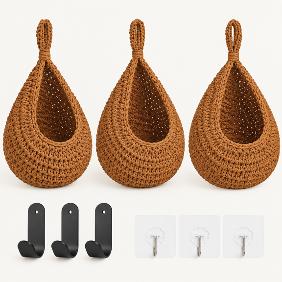 Boho Wall Hanging Fruit Baskets for Kitchen Woven Produce Holder with Strong Hooks Vegetable Hanging Basket for Organizing Teardrop Home Wall Potato Onion Storage, Caramel