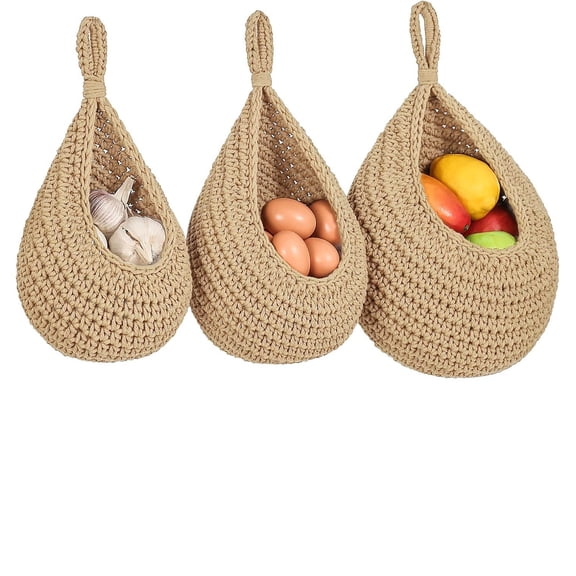 Boho Wall Hanging Fruit Baskets for Kitchen Woven Produce Holder with Strong Hooks Vegetable Hanging Basket for Organizing Teardrop Home Wall Potato Onion Storage, Linen