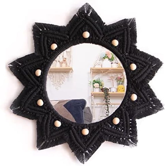 Boho Wall Hanging Mirror Macrame Bohemian Round Mirror for Bedroom Living Room Apratment