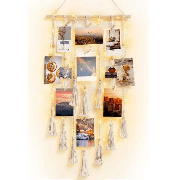 Boho Wall Hanging Photo Display,Handmade Tassel Wall Decor,Picture Frame Collage Board with Light Strip and 20 Wood Clip,for Home Dorm Bedroom Living Room Beige
