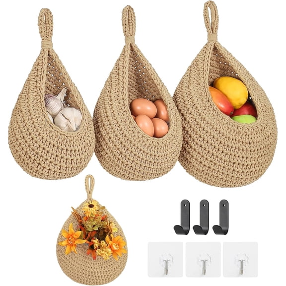Boho Wall Hanging s for Kitchen 3 Pack Woven Produce Holder with 6 Pcs Strong Hooks Veable Hanging Basket for Organizing Teardrop Home Wall Potato Onion Storage, Linen