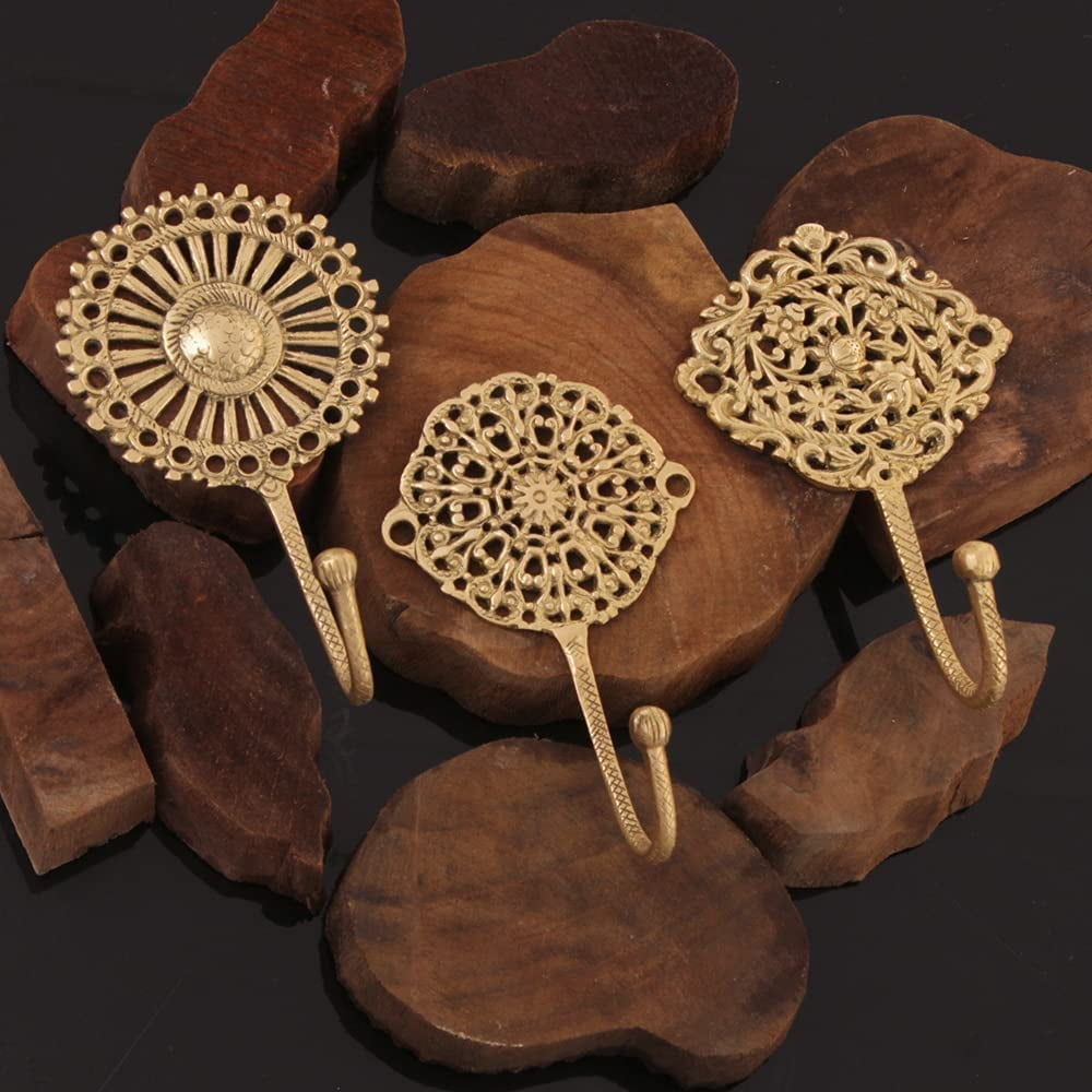 Handmade Gold Brass Boho Wall Hooks Set of 3