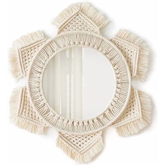Boho Wall Mirror Decor Round Macrame Hanging Wall Art Decoration for Bedroom Nursery Living Room Apartment Office Entryways Home, Teen Girl Mothers Gift, Ivory