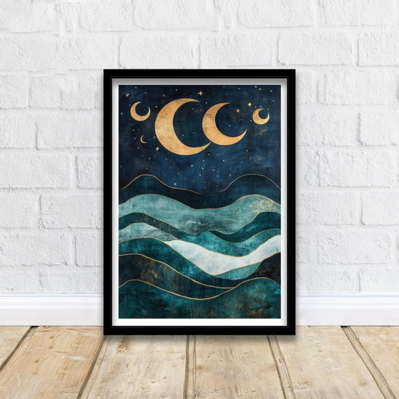 Boho Wall Print Deep Ocean Celestial Moon Poster Cottagecore Decor Dark Academia Art Vintage Bohemian Illustration Rustic Aesthetic - Poster Unframed