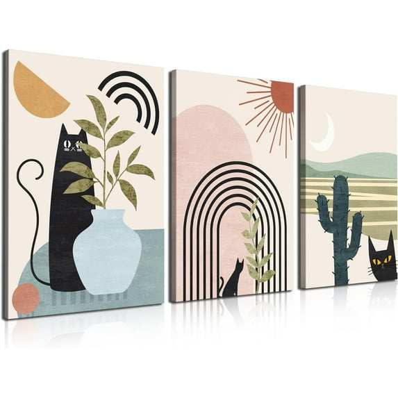 Boho Wall Prints, Wall Art Set of 3 Framed Canvas Boho Wall Art, 12"x16" Minimalist Framed Wall Art,Cat Geometric Line Leaf Sun Moon Wall Decor for Living Room, Bedroom, Bathroom, Kitchen, Office