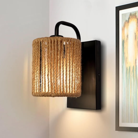 Boho Wall Sconce, Rattan Wall Light Fixtures with Hemp Rope Sconces for Living Room Bathroom Hallway Rustic Bohemian Modern Woven Scocne E26 10inch
