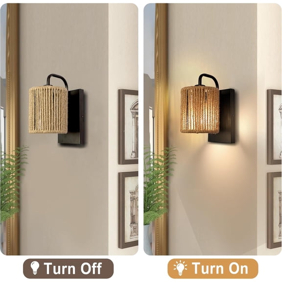 Boho Wall Sconce, Rattan Wall Light Fixtures with Hemp Rope Sconces for Living Room Bathroom Hallway Rustic Bohemian Modern Woven Scocne E26 10inch