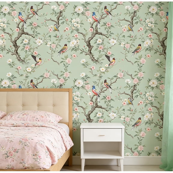 Boho Wallpaper Bird on Tree Branch Wallpaper Peel and Stick White and Pink Flower Wall Stick Natural Aesthetics Wall Decal for Bedroom Living Room 17.3inx9.8 ft