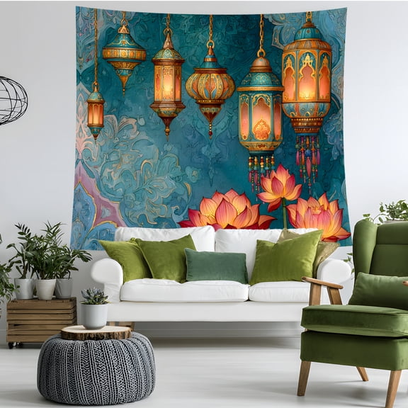 Boho Wall Tapestry for Bedroom Aesthetic, Moroccan Lantern Lotus Flower Floral Tapestry Wall Hanging, Hippie Bohemian Wall Decor for Living Room Dorm