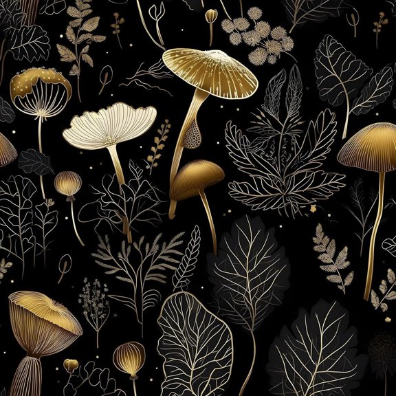 Boho Wallpaper Peel and Stick Dark Floral Contact Paper 17.5" x 197" Vinyl Self Adhesive Vintage Mushrooms Wall Mural Leaf Wall Paper for Room Countertop Drawer Decor(Golden,Black)