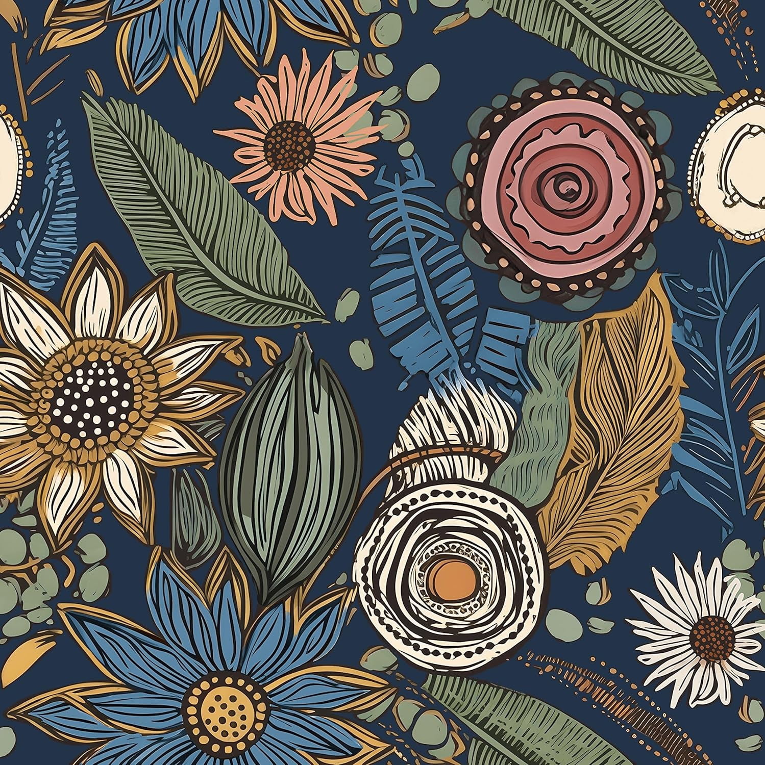 Boho Wallpaper Peel and Stick, Dark Vintage Floral Contact Paper, 17.5" x 197" Retro Botanical Flower Wall Paper Self Adhesive Removable Waterproof for Walls Shelf Cabinet Table (Blue,Yellow, Green)