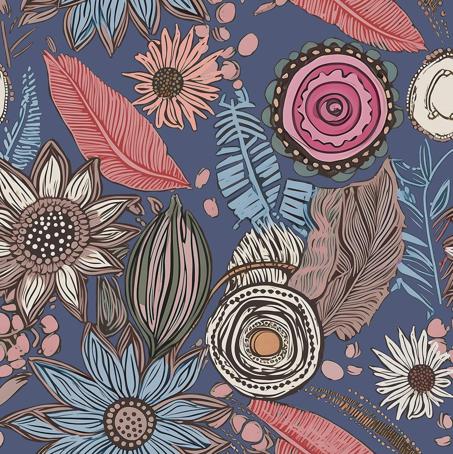 Boho Wallpaper Peel and Stick,Vintage Blue Pink Floral Contact Paper, Retro Antique Botanical Flowers Wall Paper Self Adhesive Removable Waterproof for Bathroom Shelves Cabinet Table 17.5" x 118"