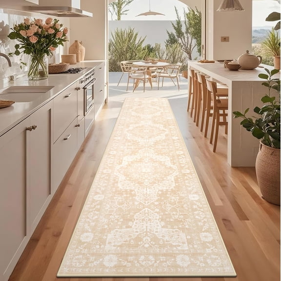 Boho Washable 2x10 Hallway Runner Rugs  Long Kitchen Rug Non Slip Farmhouse Faux Thin Printed Entrance Floor Carpet Runners For Entryway Doorway Hall Living Room Bedroom (cream)