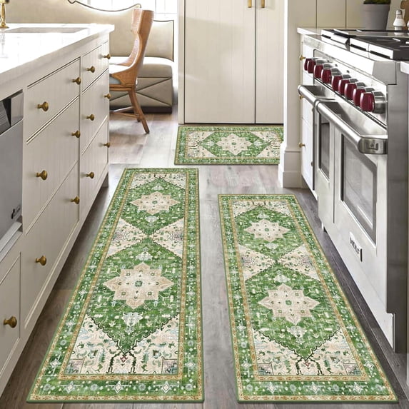 Boho Washable Kitchen Rugs Sets of 3, Non Slip Kitchen Mats for Floor with Rubber Backing, Waterproof & Stain Resistant Thick Carpet Runner Throw Rug for Kitchen, Laundry Room, Hallway, Green