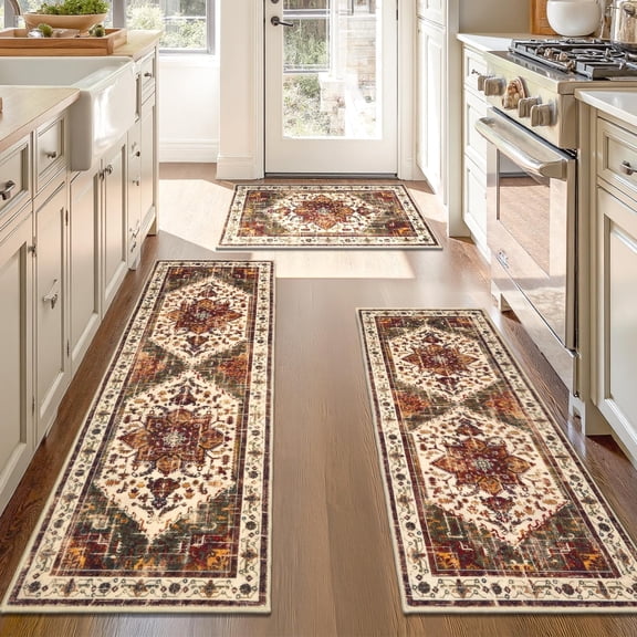 Boho Washable Kitchen Rugs Sets of 3, Non Slip Kitchen Mats for Floor with Rubber Backing, Waterproof & Stain Resistant Thick Carpet Runner Throw Rug for Kitchen, Laundry Room, Hallway