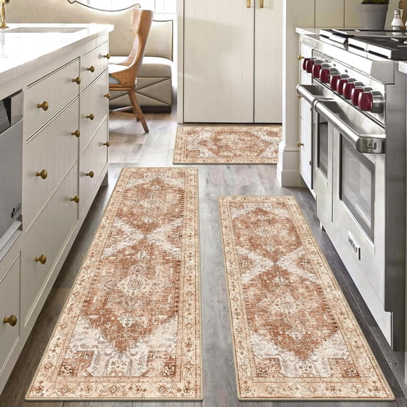 Boho Washable Kitchen Rugs Sets of 3, Non Slip Kitchen Mats for Floor with Rubber Backing, Waterproof & Stain Resistant Thick Carpet Runner Throw Rugs for Kitchen, Laundry Room, Hallway