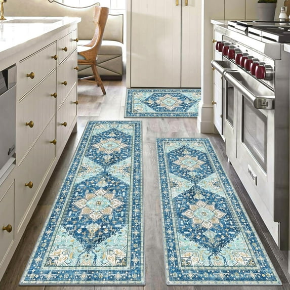 Boho Washable Kitchen Rugs Sets of 3, Non Slip Kitchen Mats for Floor with Rubber Backing, Waterproof & Stain Resistant Thick Carpet Runner Throw Rugs for Kitchen, Laundry Room, Hallway, Blue