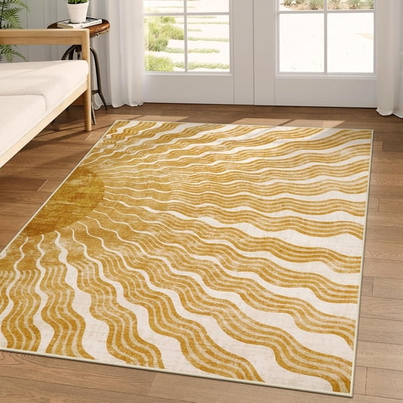Boho Washable Rugs 5x7, Sun Print Soft Rug for Bedroom Classroom, Ultra-Thin Non Slip Stain Resistant Carpet for Living Room Office(5'x 7',/Multi)