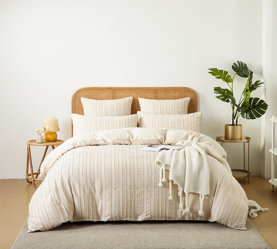 Boho Washed Microfiber Beige Duvet Cover Set Striped Textured Duvet