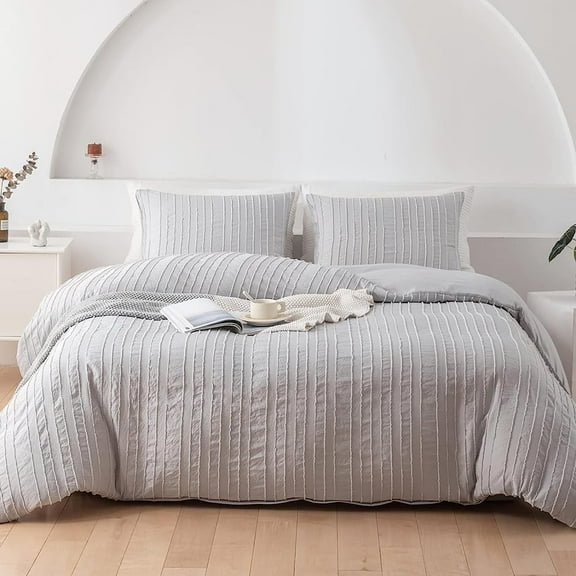 Boho Washed Microfiber Light Gray Duvet Cover Set Striped Textured Duvet Cover Tufted Bedding Set,King Size