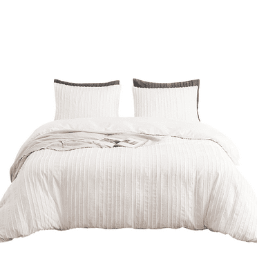Boho Washed Microfiber White Duvet Cover Set Striped Textured Duvet Cover Tufted Bedding Set,Queen Size