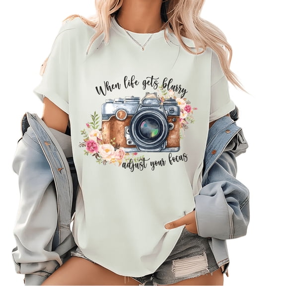 Boho Watercolor Camera T-Shirt - 'When Life Gets Blurry' Floral Photography Tee for Women, Soft Cotton Inspirational Quote Tops