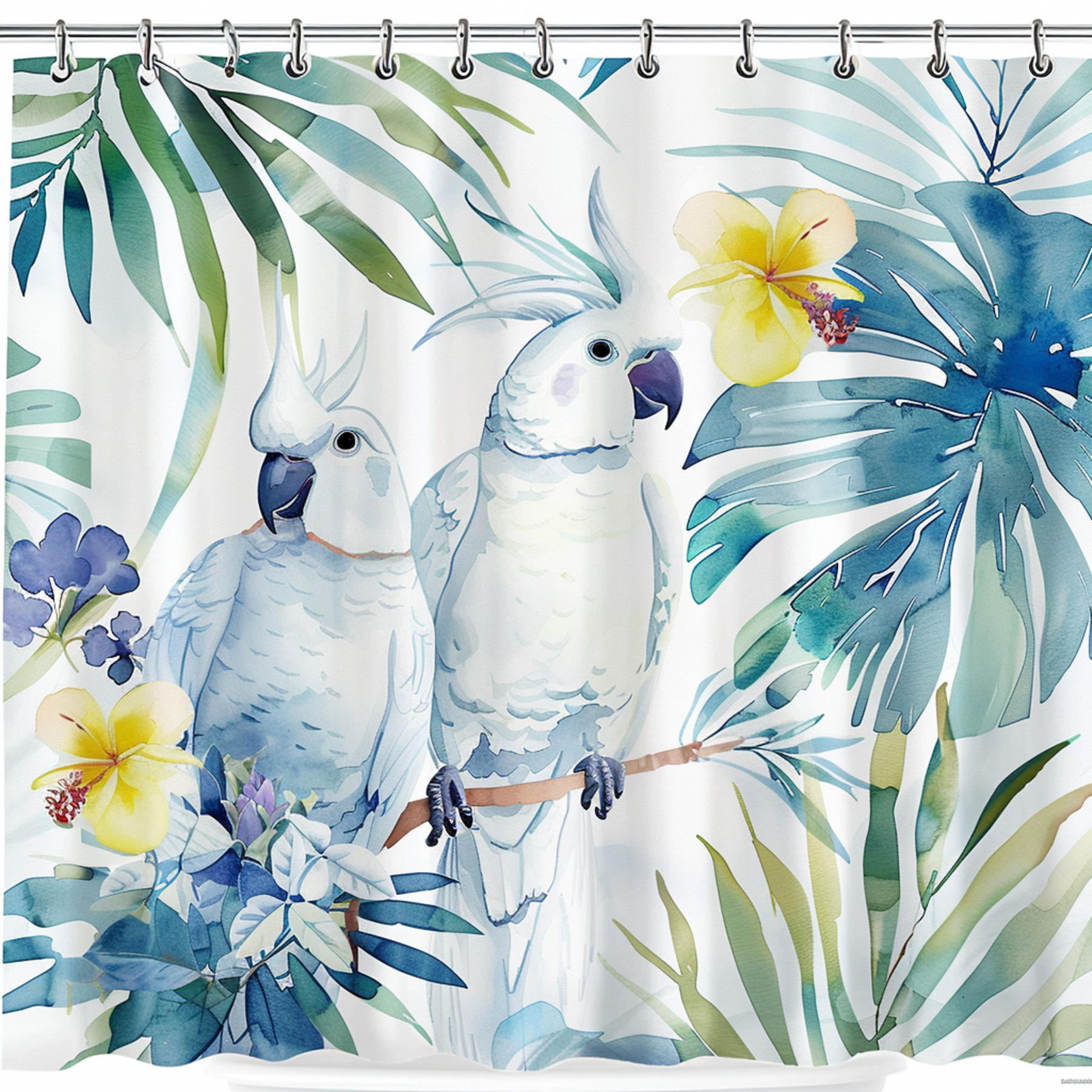 Boho Watercolor Cockatoo Shower Curtain Exotic Tropical Leaves & Flowers Modern Bathroom Decor