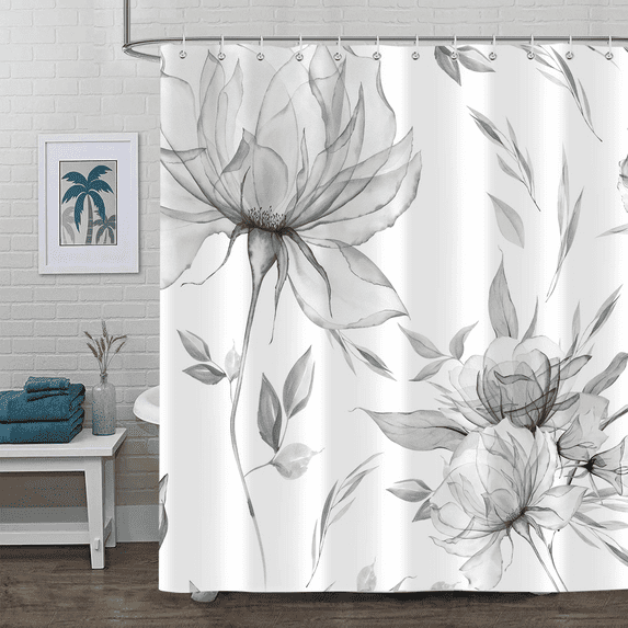 Boho Watercolor Floral Shower Curtain, Ink Painting Style Blossom Leaf Bath Decor, Chic Elegant Bathroom Curtaion with Hooks, 72x72