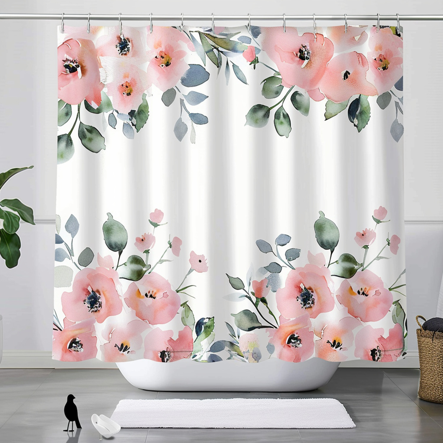 Boho Watercolor Floral Shower Curtain Pink and Green Flowers Large