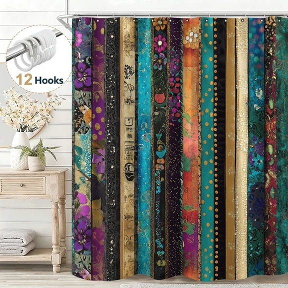 Boho Watercolor Flower Fabric Fall Shower Curtain, Exquisite Stunning Vintage Striped Colorful Floral Shower Curtain, Waterproof Cloth Fabric Bathroom Decor Shower Curtain, 36*72in