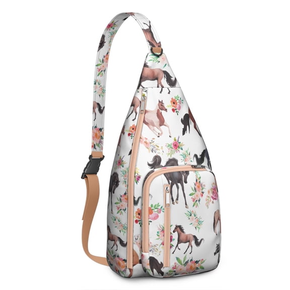 Boho Watercolor Horse Sling Backpack – Floral & Abstract Pony Print Crossbody Bag for Travel, Hiking & Everyday – Gifts for Horse Lovers