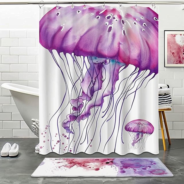 Boho Watercolor Jellyfish Bathroom Decor Set with Accessories Purple