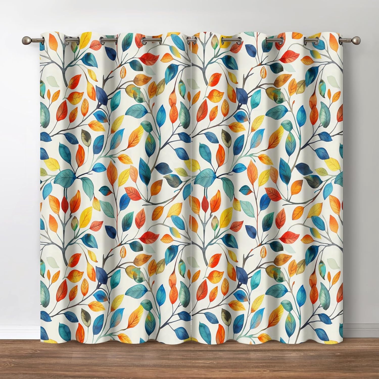 Boho Watercolor Leaves Blackout Curtains Bohemian 4 Seasons Colorful Leaf Print Drapes Decor ...