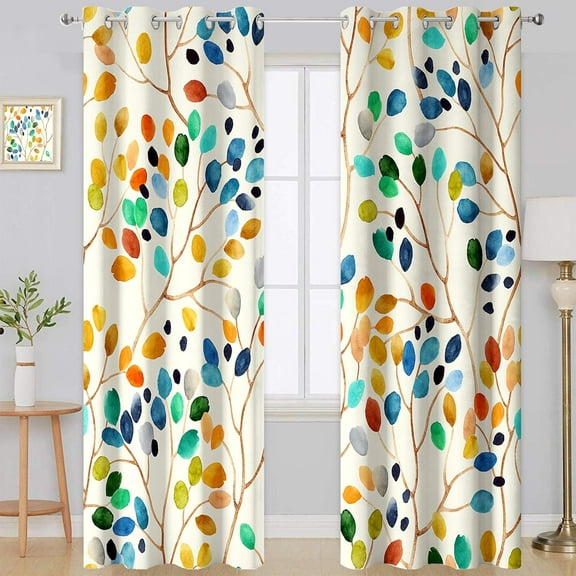 Boho Watercolor Leaves Blackout Curtains Bohemian 4 Seasons Colorful Leaf Print Drapes Decor Home Apartment Bedroom Living Room Darkening Grommet Window Treatments 2 Panels-52"W x 45"L (Pack of 2)