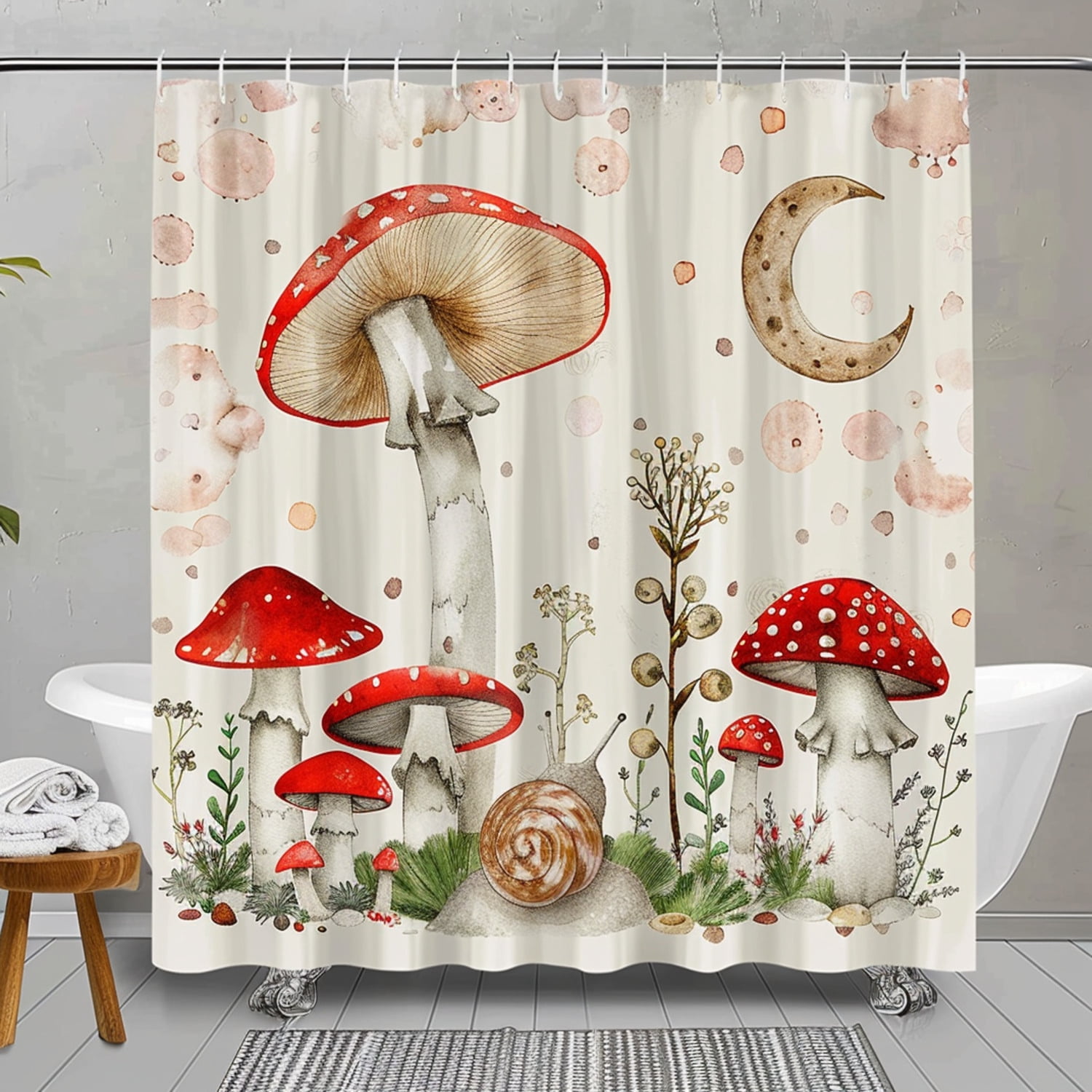 Boho Watercolor Red Mushroom and Snail Shower Curtain Modern Farmhouse ...