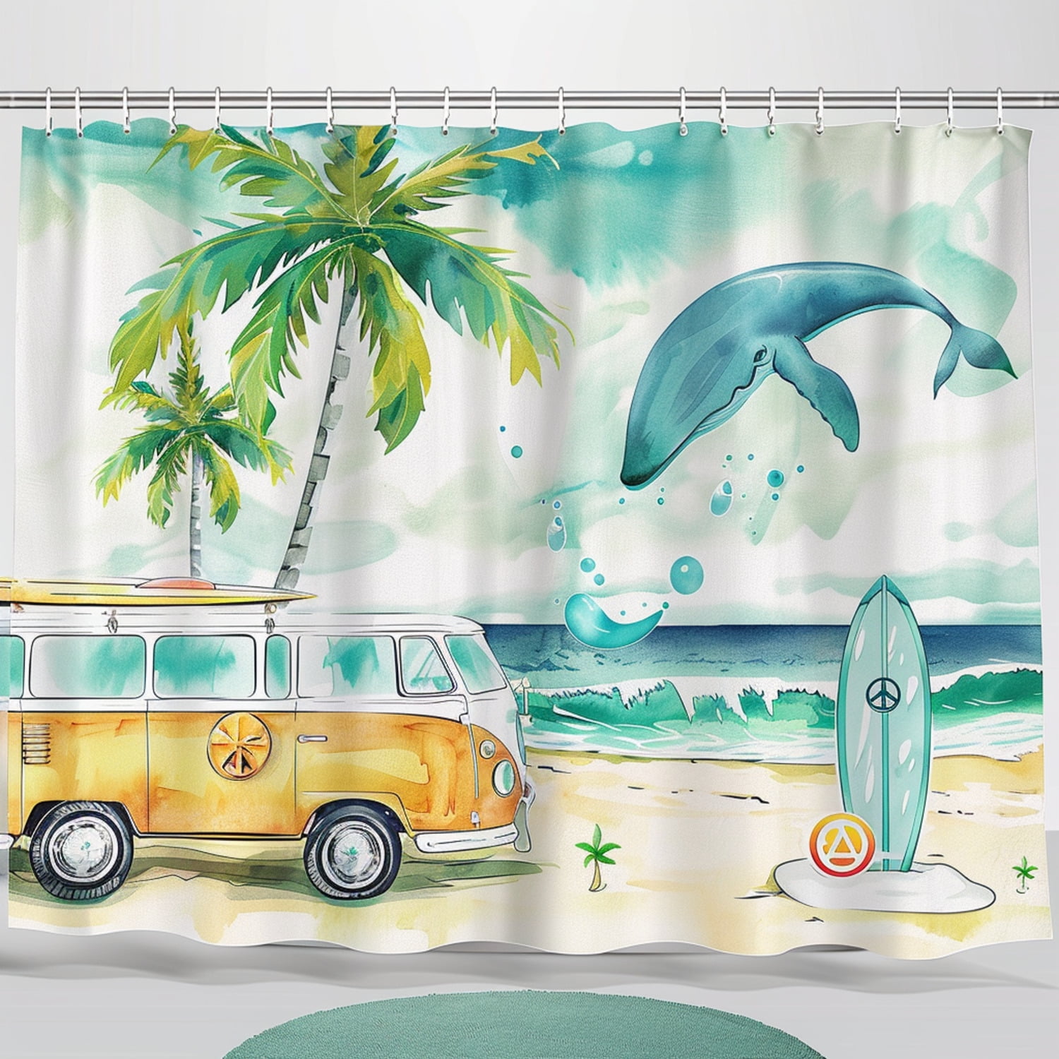 Boho Watercolor Surfboard and Palm Tree Shower Curtain Set Bright ...