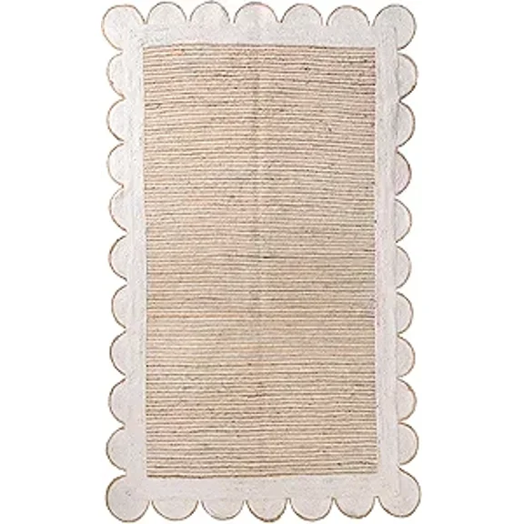 Boho Wave Scalloped Jute Rug - Hand Woven Natural jute Area Rug Braided Rug for Living Room, Bedroom, Kitchen, and Entryway Coastal Farmhouse Scallop Rug (2x3 ft_Natural + Off White -1000)