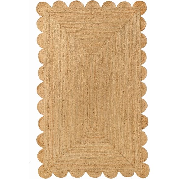 Boho Wave Scalloped Jute Rug - Hand Woven Natural jute Area Rug Braided Rug for Living Room, Bedroom, Kitchen, and Entryway Coastal Farmhouse Scallop Rug (2x3 ft_Natural + Off White -1003)