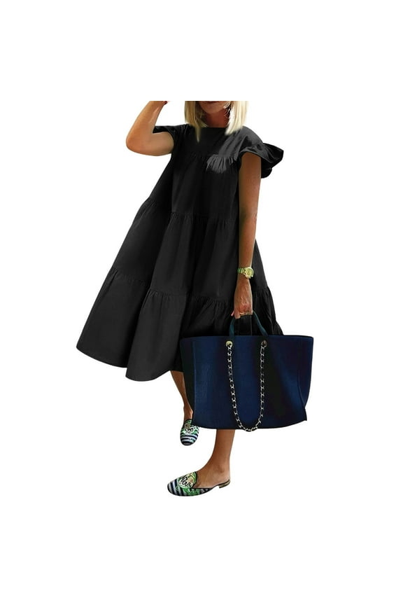 Boho Wedding Dress, Tank Casual Crew Neck Ruffle Flutter Sleeve Elegant Classy Guest Dresses For Women Plus Size Tops Dressy Bohemian Dresses Halter Spring Dresses Outfits (XXL, Black) ZMTing