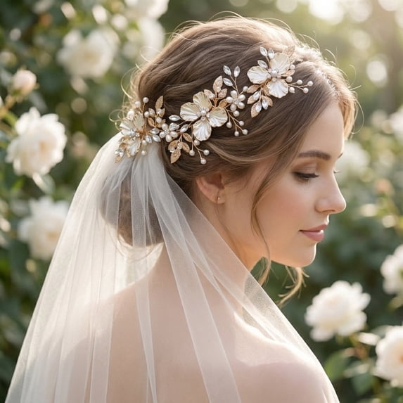 MIALLO Boho Wedding Hair Accessory - Ceramic Flower & Gold Leaf Headband for Bride - Rustic Hair Jewelry